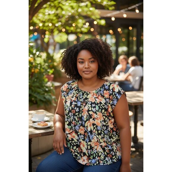 LC Lauren Conrad Women Pleat Neck Blouse Plus Size XXL Black Multicolor Floral - Picture 1 of 11